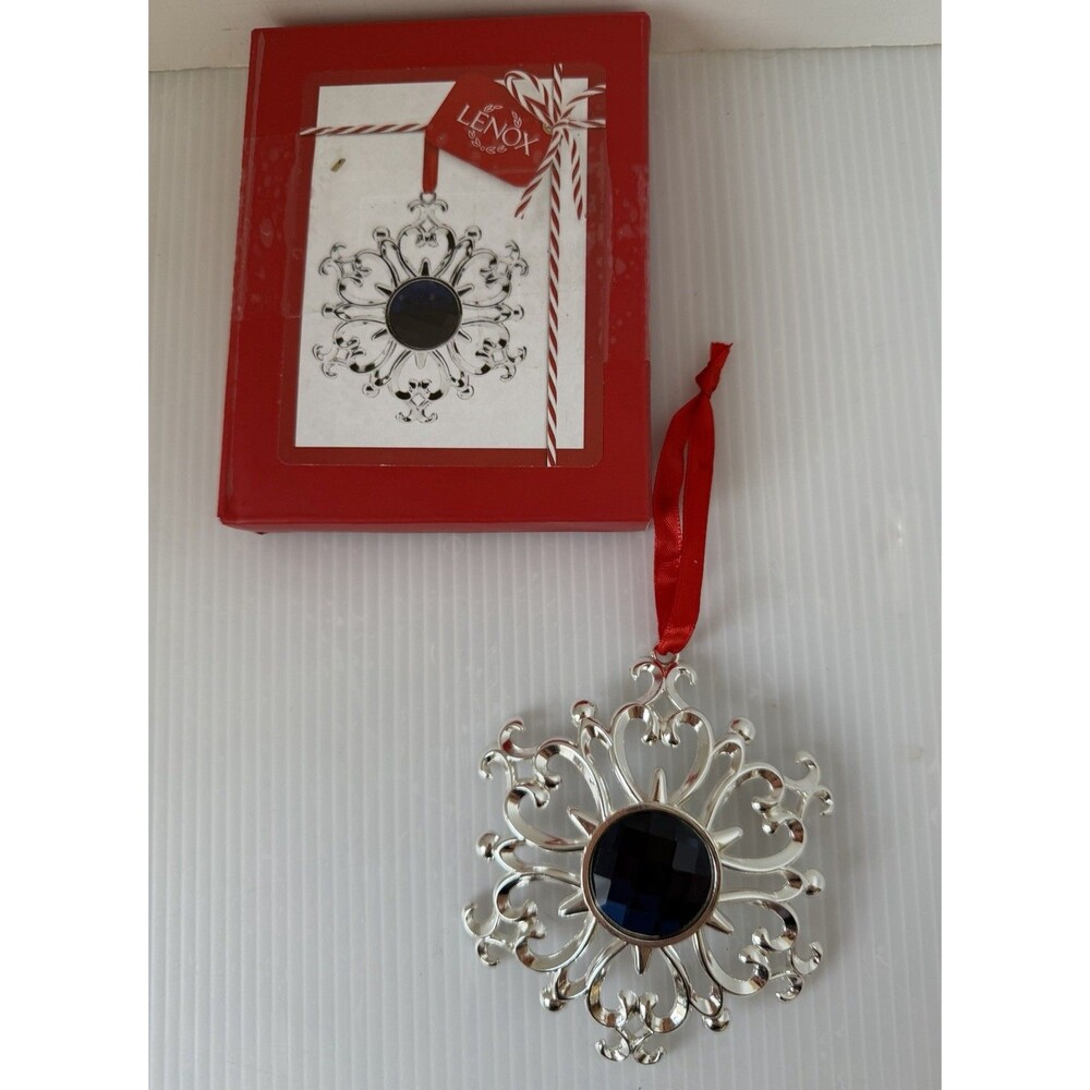 Lenox jeweled Snowflake Christmas Ornament Silverplate Sapphire ornate filigree